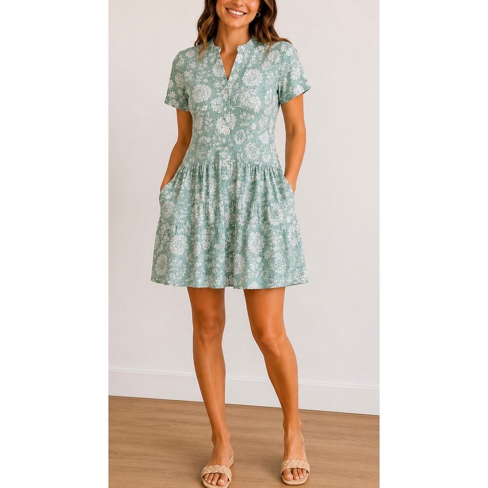 Darlington Isle Mint Green Floral Block Print Mini Dress Cottagecore Size M